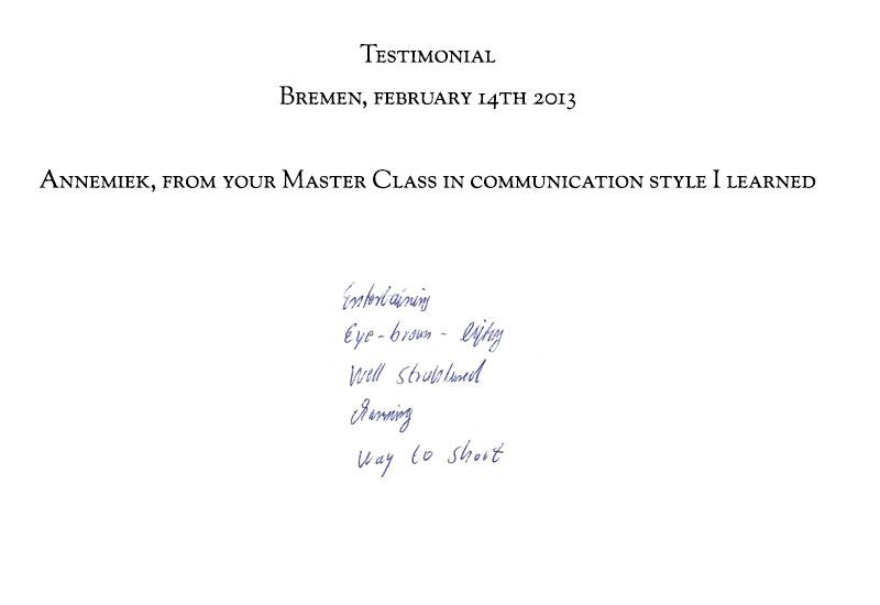 Handgeschreven ervaring van een deelnemer aan de masterclass